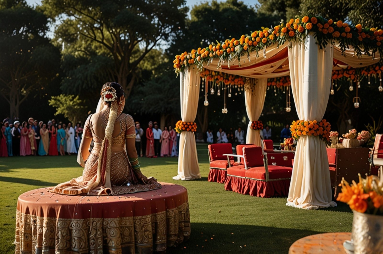 Indian wedding celebration with lavish canopy seating